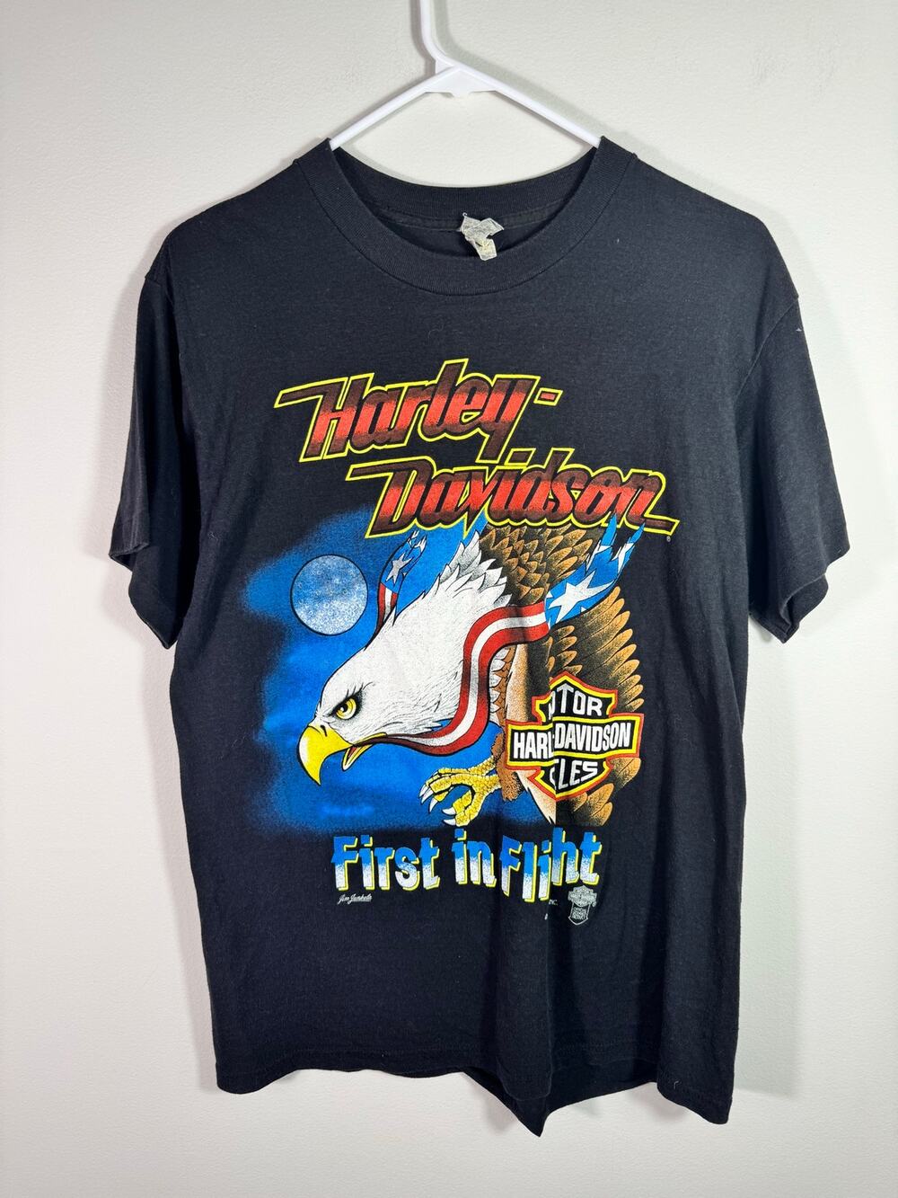 Vintage 1980s Harley-Davidson First in Flight Black T Shirt Size L